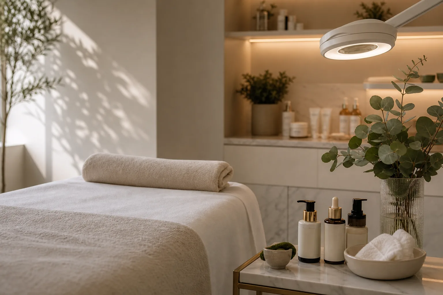 Calm skincare treatment room with facial bed and product table